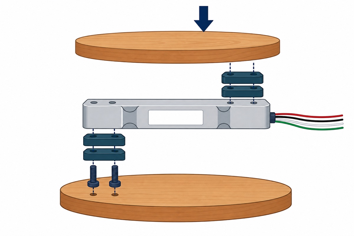 Exploded side-view diagram of a bar load cell mounted between two round plates with spacers creating a flex gap