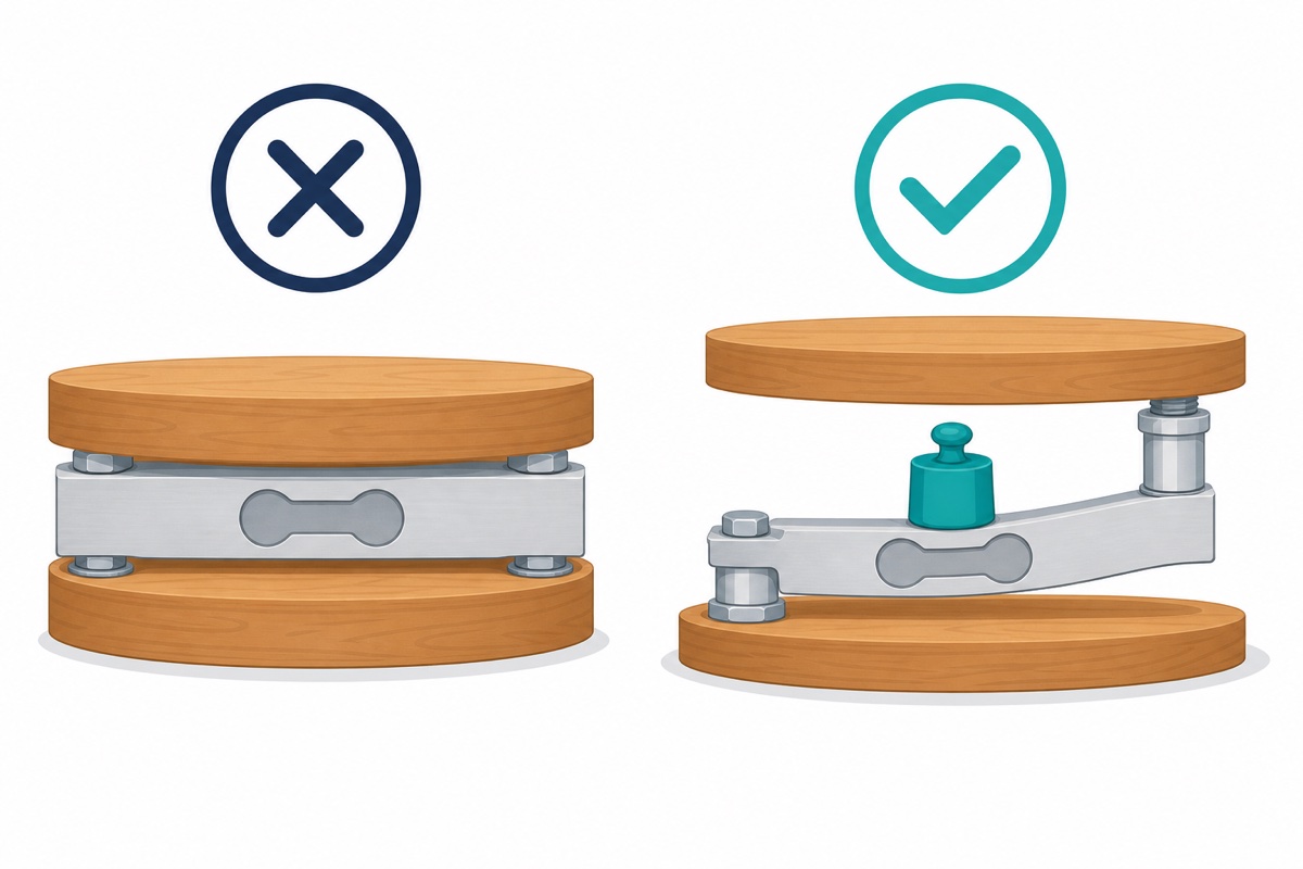 Wrong versus right load cell mounting comparison showing a rigidly clamped bar and a correctly spaced bar that can flex