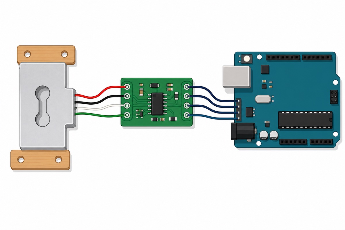 Wiring diagram showing four load cell wires entering the HX711 module and four wires from the HX711 to an Arduino Uno