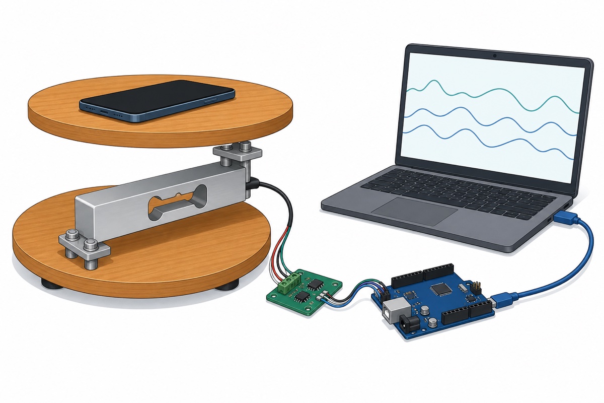 Illustration of a phone placed on a DIY load cell scale as a reference weight during calibration with a laptop nearby