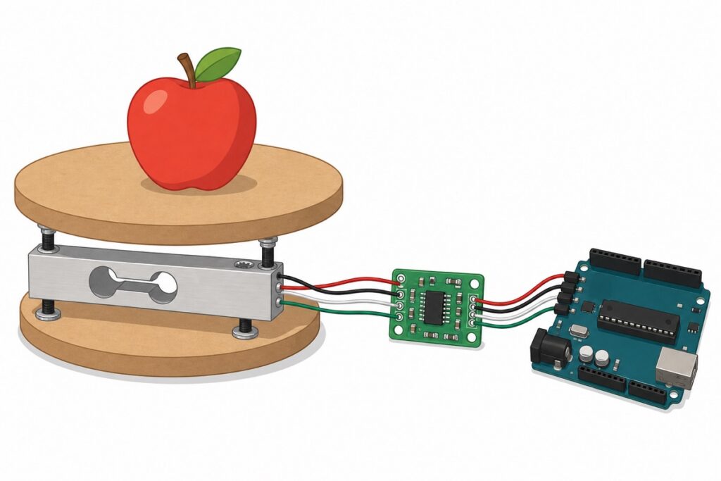 Illustration of a DIY weighing scale made from two round wooden plates, a silver bar load cell, a green HX711 module and an Arduino Uno weighing an apple