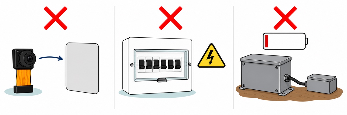 Cartoon of three scenarios each marked with a large red cross - left a black camera module on an orange ribbon facing a blank grey card, centre a white household electrical distribution box with a yellow warning triangle, right a grey box on the ground with a nearly empty battery indicator showing a single red bar
