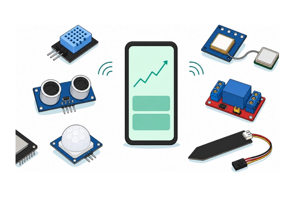 Kartun telefon pintar memaparkan graf papan pemuka di tengah, dikelilingi enam modul sensor berbeza - DHT11 biru muda, HC-SR04 biru dengan dua silinder perak, PIR biru berkubah putih susu, probe tanah hitam, modul relay merah dan modul GPS biru dengan antena perak - dengan sudut papan ESP32 hitam kecil terpotong di tepi kiri