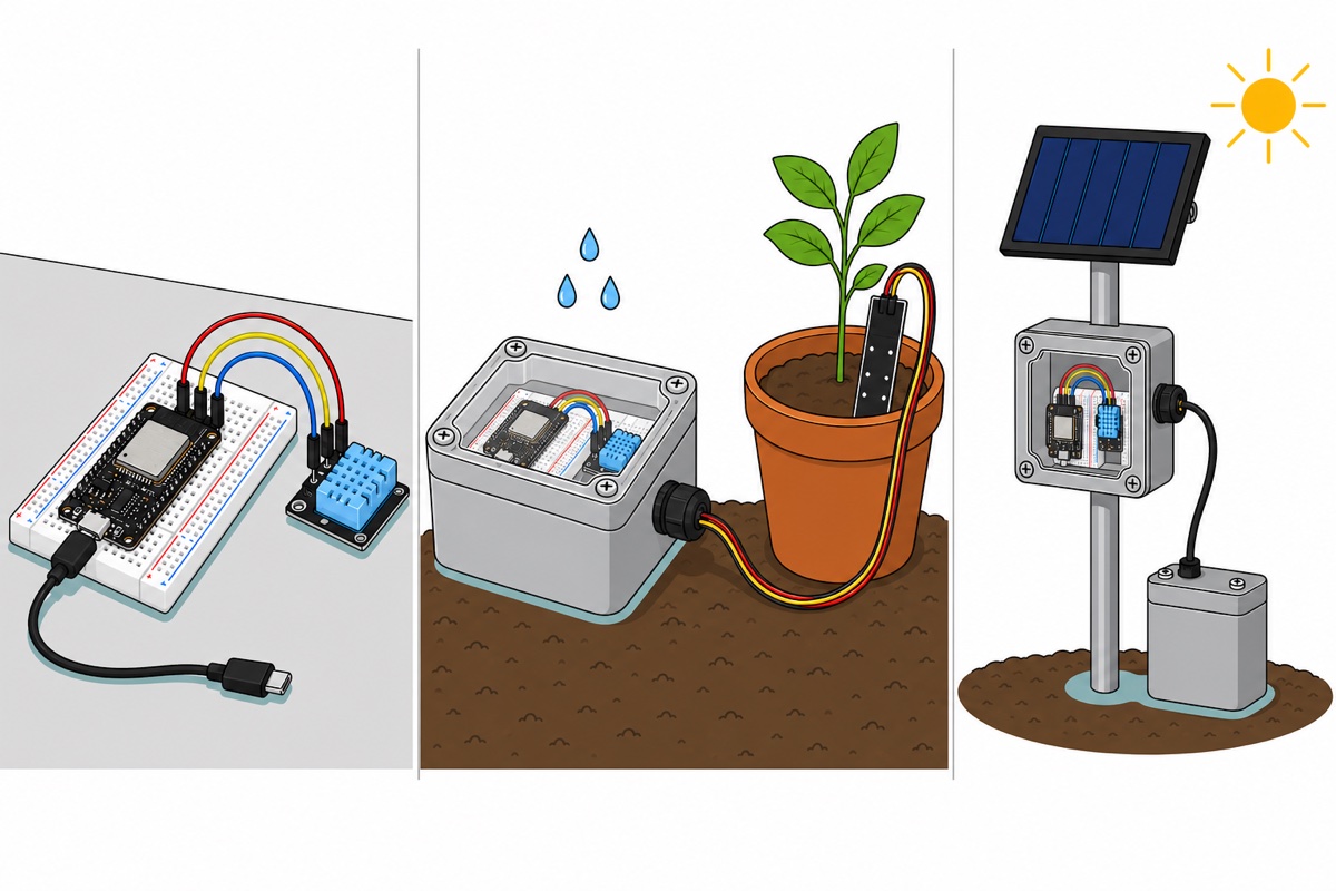 Cartoon of three scenarios - left a white breadboard with a black ESP32 board and DHT11 sensor on a desk, centre the same circuit in a grey weatherproof box beside a clay plant pot with a black soil probe, right a grey box on an outdoor pole with a dark blue solar panel and a battery box at the foot of the pole