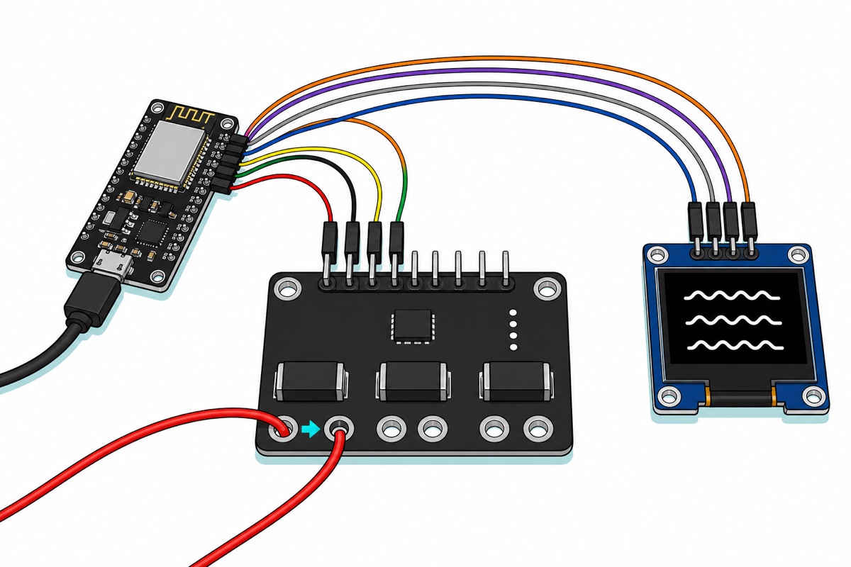 Cartoon desk build of a black ESP32 board linked by colourful jumper wires to a black INA3221 monitor board and a blue OLED module, with a red wire looping through one measurement channel