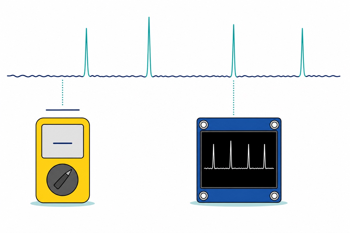 Cartoon of a current trace with tall narrow spikes, a yellow multimeter below showing only a flat averaged line while a blue OLED module reproduces the spikes faithfully