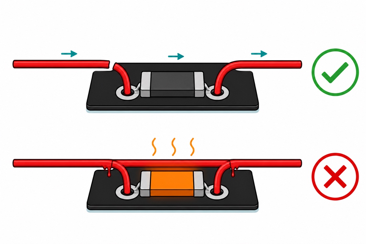 Cartoon safety comparison showing a cut red wire correctly routed through an INA3221 shunt channel with a green check, versus an unbroken wire tapped across both holes making the shunt glow hot, with a red cross