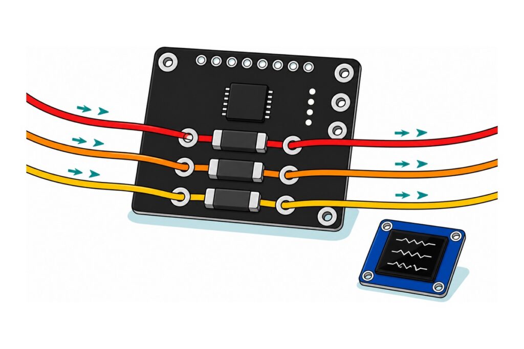 Cartoon of a black INA3221 board with three chunky shunt resistors, a red, an orange and a yellow wire each looping through its own channel, and a small blue OLED module showing three white traces