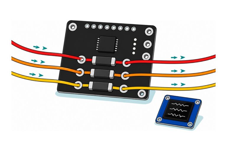 Cartoon of a black INA3221 board with three chunky shunt resistors, a red, an orange and a yellow wire each looping through its own channel, and a small blue OLED module showing three white traces