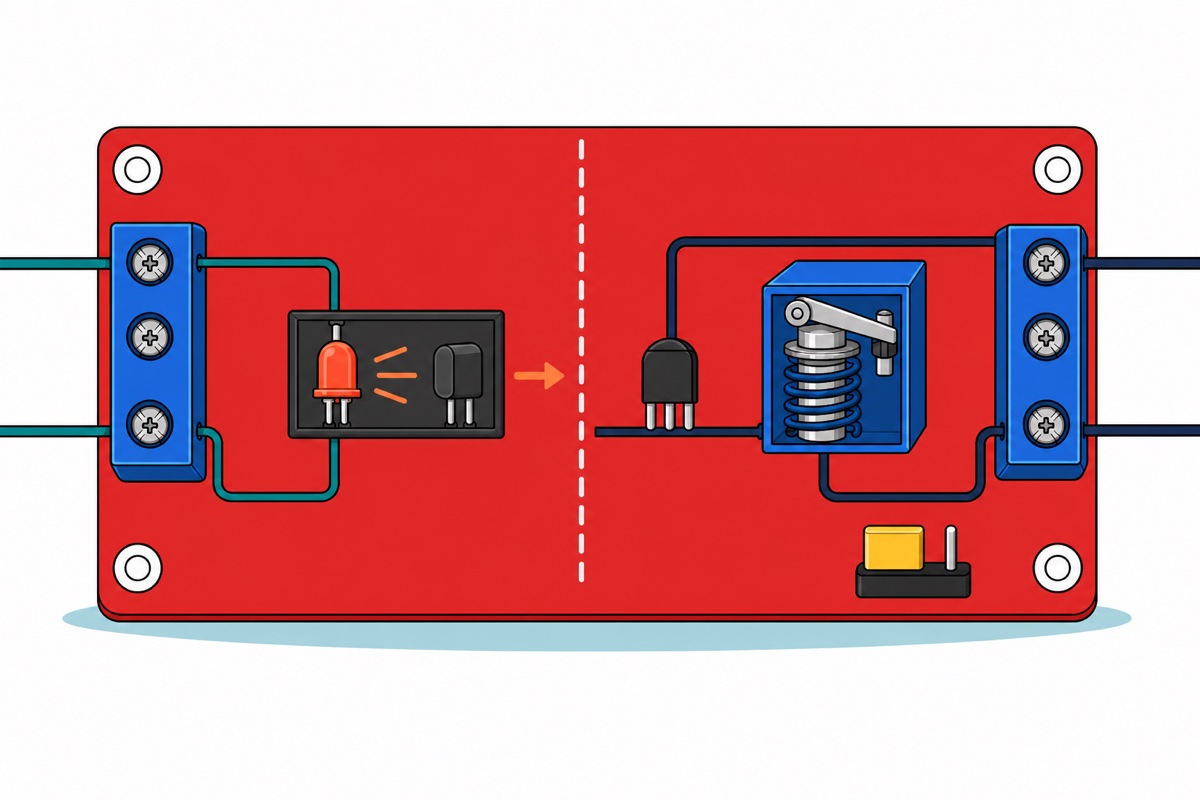 Cartoon cutaway of a red relay module showing a teal input loop lighting an orange LED inside a black optocoupler chip, its light crossing an air gap to a phototransistor that switches a separate navy loop powering the blue relay coil, with a yellow jumper cap on a three-pin header