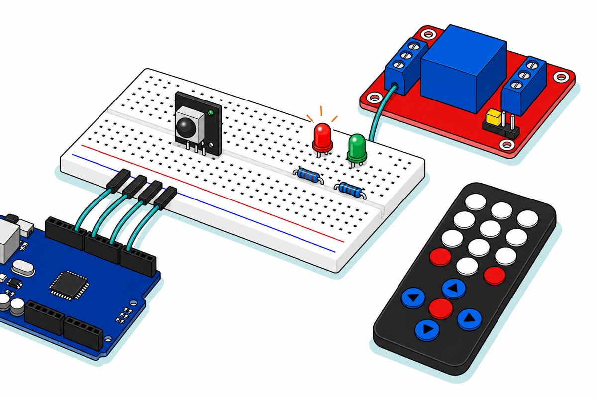 Cartoon of a white breadboard holding a black infrared receiver module with a silver shield can, a lit red LED and an unlit green LED with blue resistors, wired by teal jumpers to a red relay board and to the cropped corner of a dark blue Arduino board, with a matte-black remote lying in front