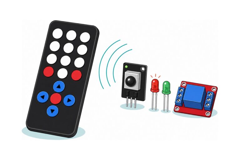 Cartoon of a large matte-black IR remote with blank white keys and a blue arrow pad sending teal infrared arcs to a small black receiver module with a silver shield can, beside a red LED, a green LED and a red relay board