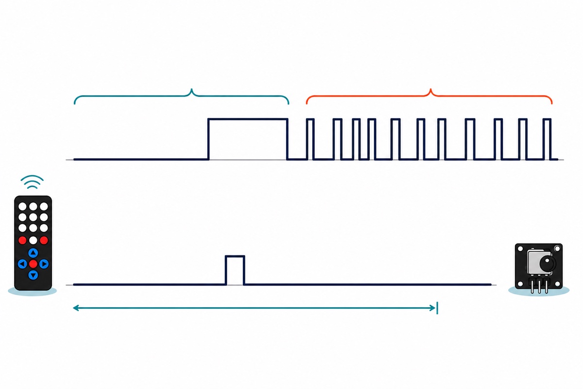 Cartoon timing diagram comparing a full infrared press frame with a long header burst and a run of narrow data bits against a much shorter repeat frame with a header and a single mark, with a black remote at one end and a black receiver module with a silver shield can at the other
