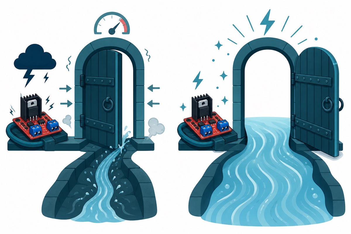 Cartoon comparing a door opened a small crack versus fully open, illustrating partial versus full MOSFET turn-on