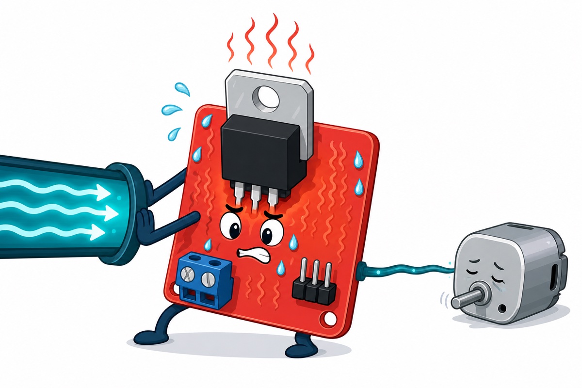 Cartoon of the red IRF520 module overheating while passing only a small amount of power through to a DC motor