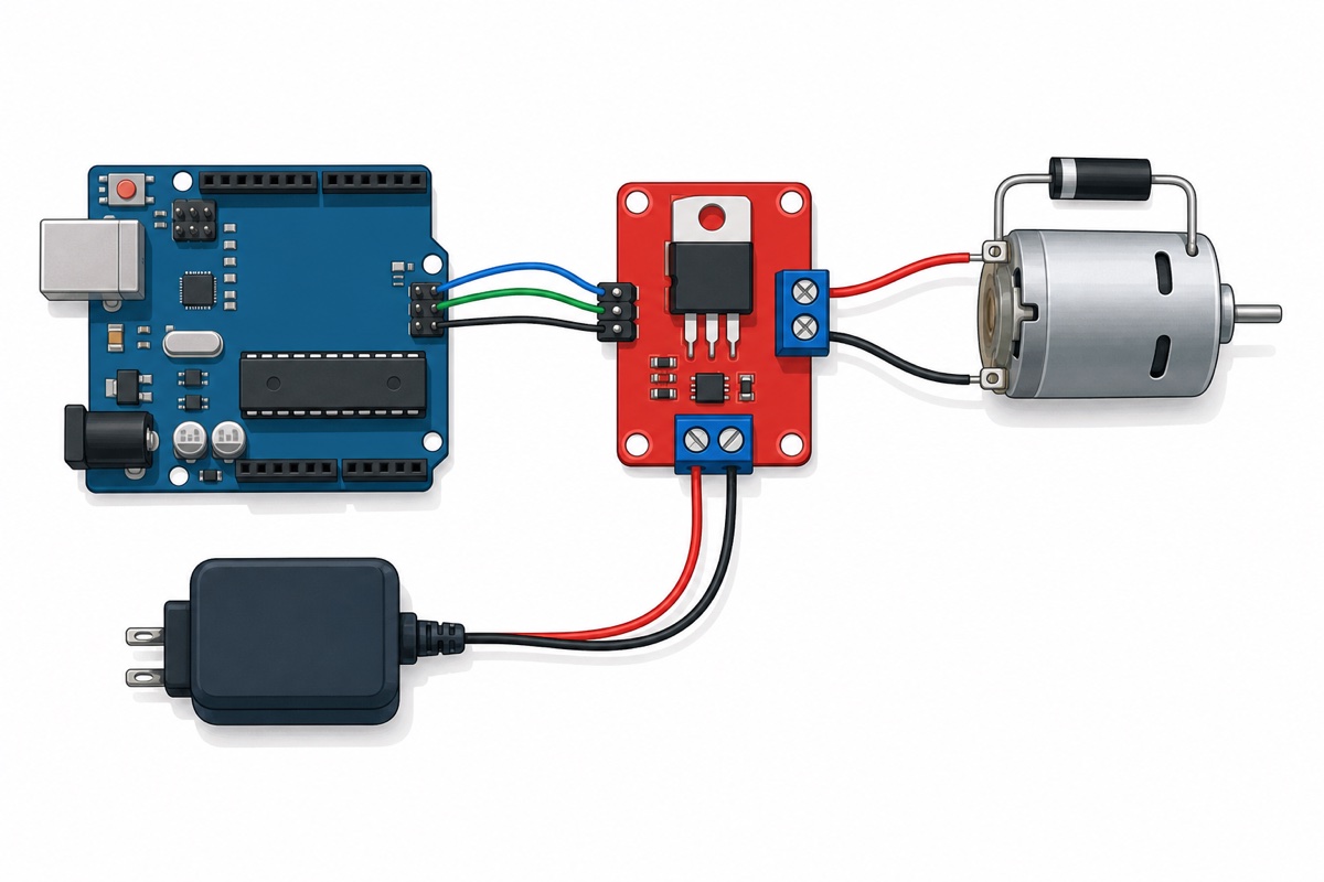Cartoon wiring diagram of an Arduino Uno driving a small DC motor through the red IRF520 module with a flyback diode across the motor
