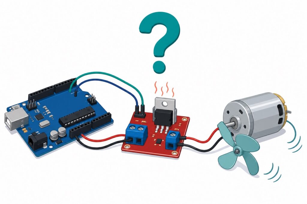 Cartoon of a red IRF520 MOSFET module between an Arduino Uno and a small DC fan that is slowing to a stop