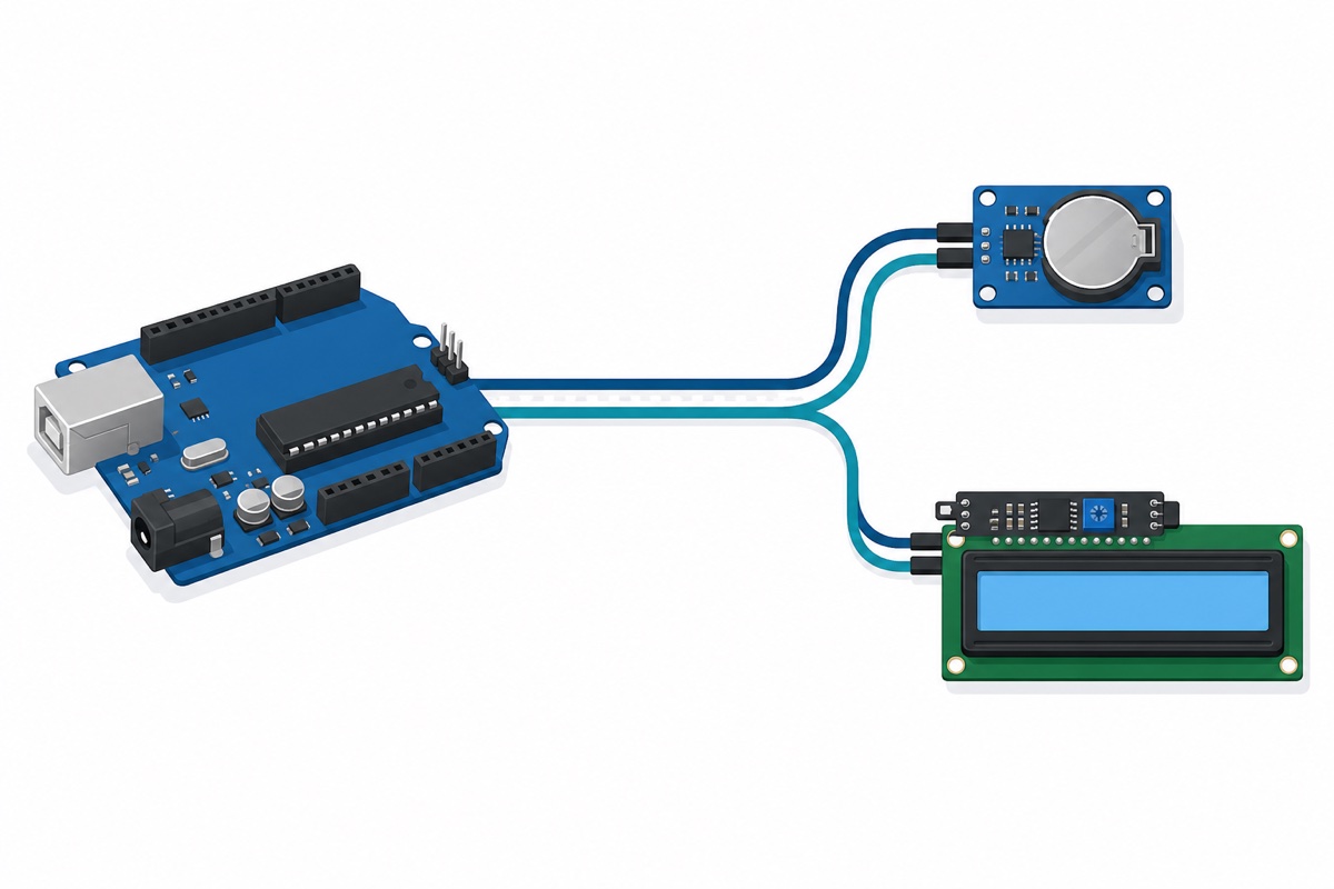 I2C bus concept diagram showing the DS3231 and LCD1602 sharing the same two lines to the Arduino