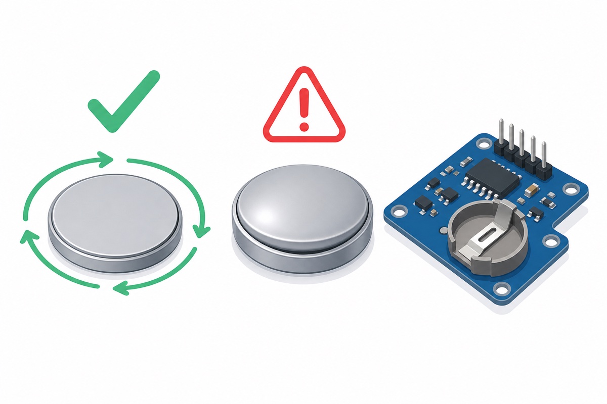 Comparison of the safe LIR2032 battery with a CR2032 at risk of swelling on a DS3231 module