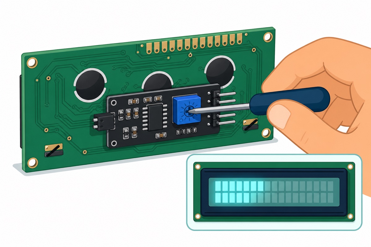 A hand adjusting the contrast trimmer on the I2C backpack behind an LCD1602
