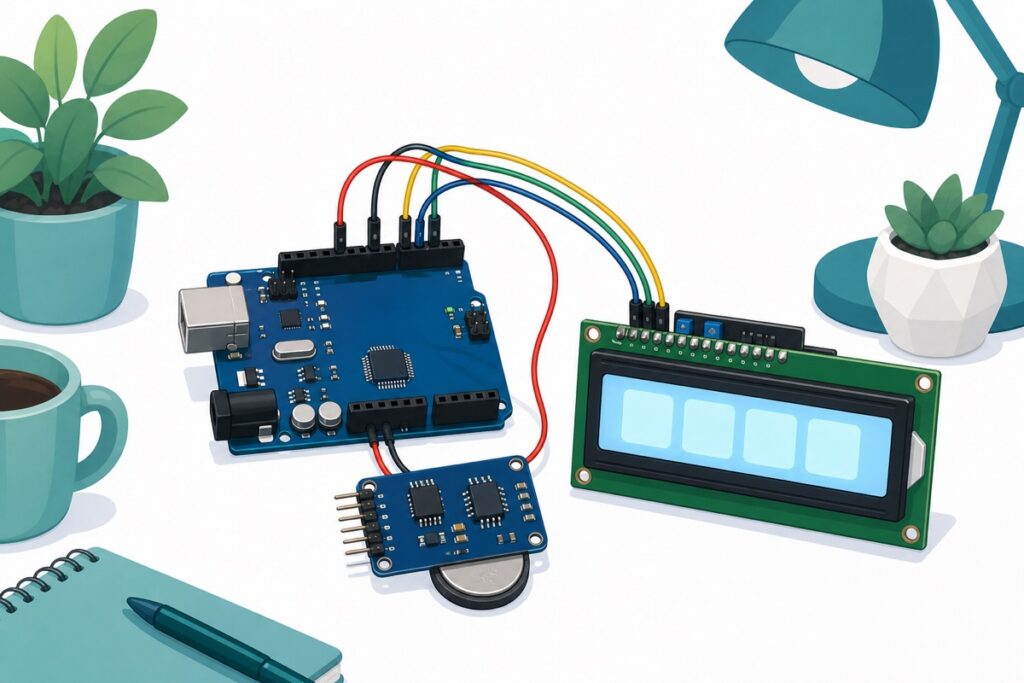 Ilustrasi jam digital Arduino yang siap dipasang dengan modul DS3231 dan paparan LCD1602 di atas meja