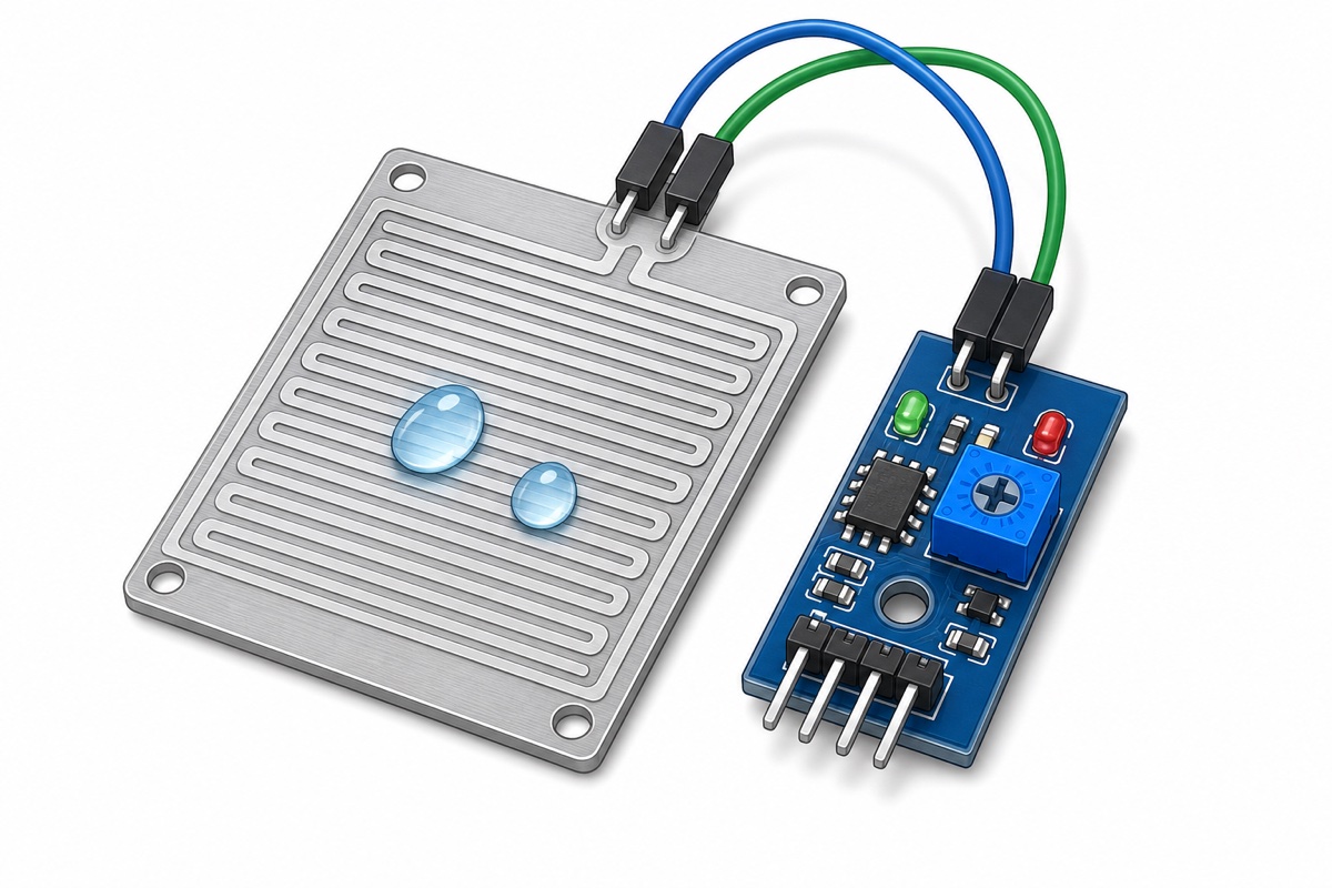 Rain detection board with water droplets bridging the traces, connected to the comparator board with its sensitivity potentiometer