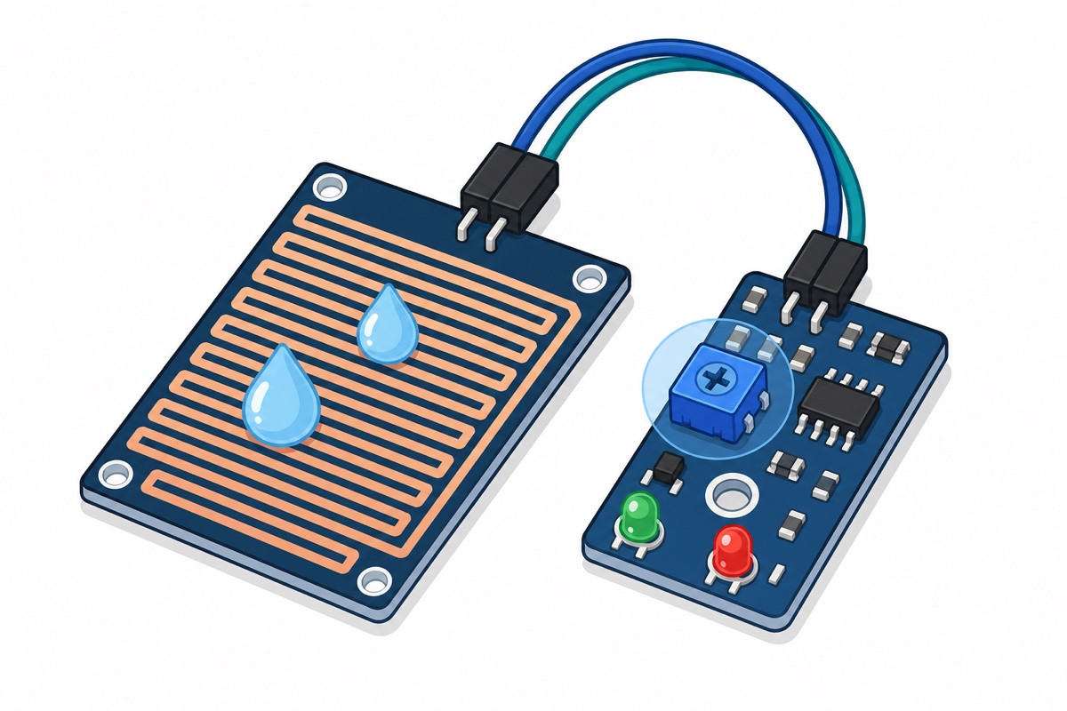 Rain detection board with water droplets bridging the traces, connected to the comparator board with its sensitivity potentiometer