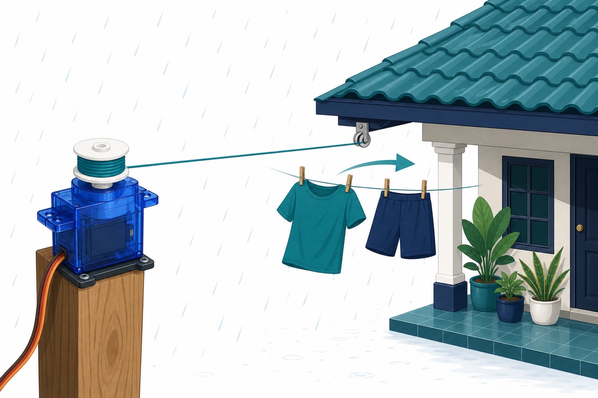 Servo winch reeling in the clothesline, pulling laundry in under the roof when it rains