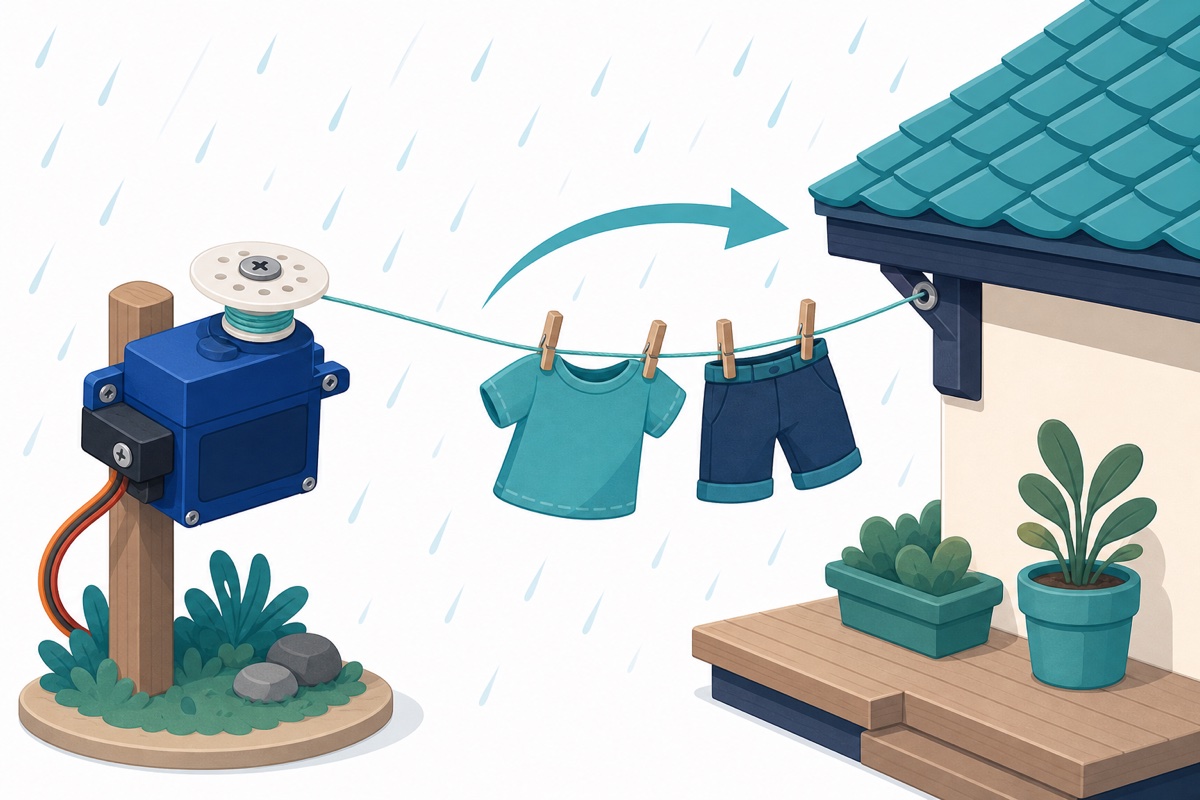 Servo winch reeling in the clothesline, pulling laundry in under the roof when it rains