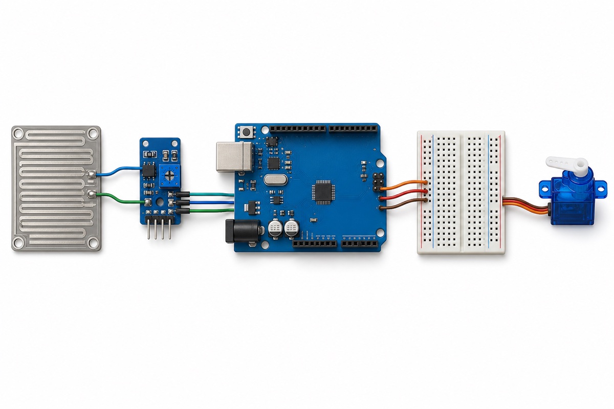 Wiring layout: rain sensor board to Arduino UNO and servo winch via breadboard