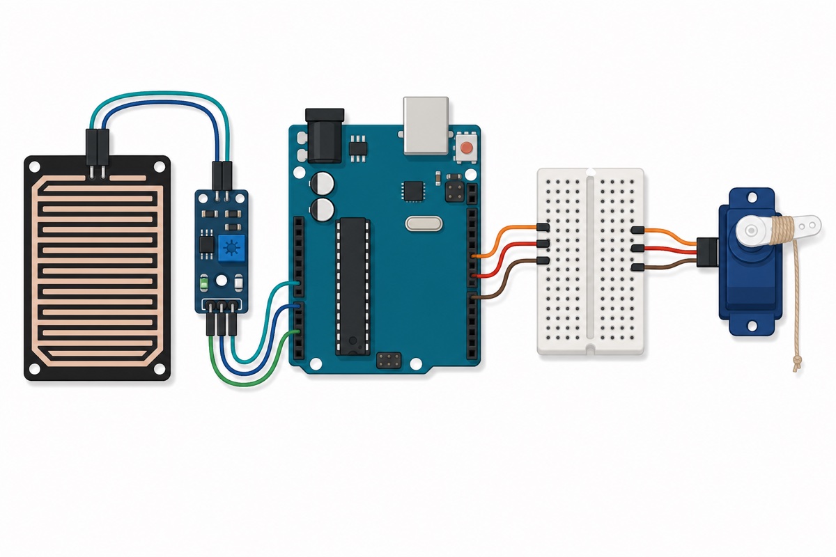 Wiring layout: rain sensor board to Arduino UNO and servo winch via breadboard