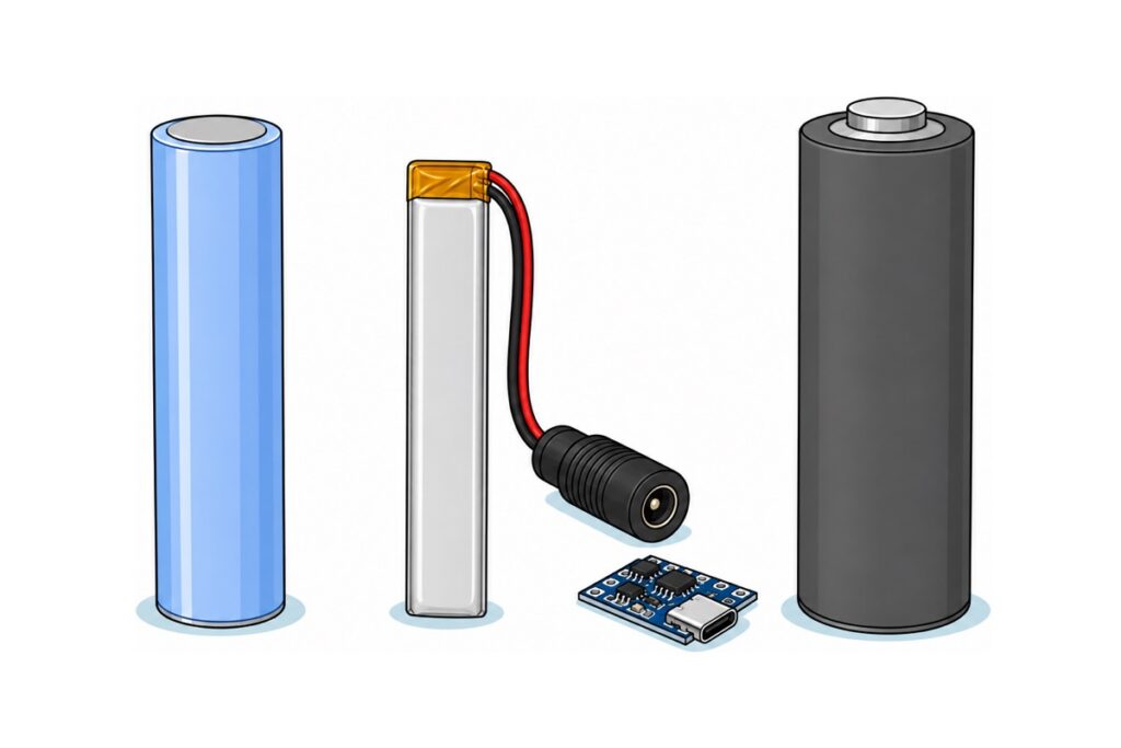 Kartun tiga jenis sel bateri lithium berderet - silinder 18650 biru muda rata-atas, poket LiPo perak nipis dengan wayar merah dan hitam ke soket bulat hitam, dan sel silinder kelabu gelap yang lebih gempal, dengan papan pengecas biru kecil bersoket USB-C di belakang