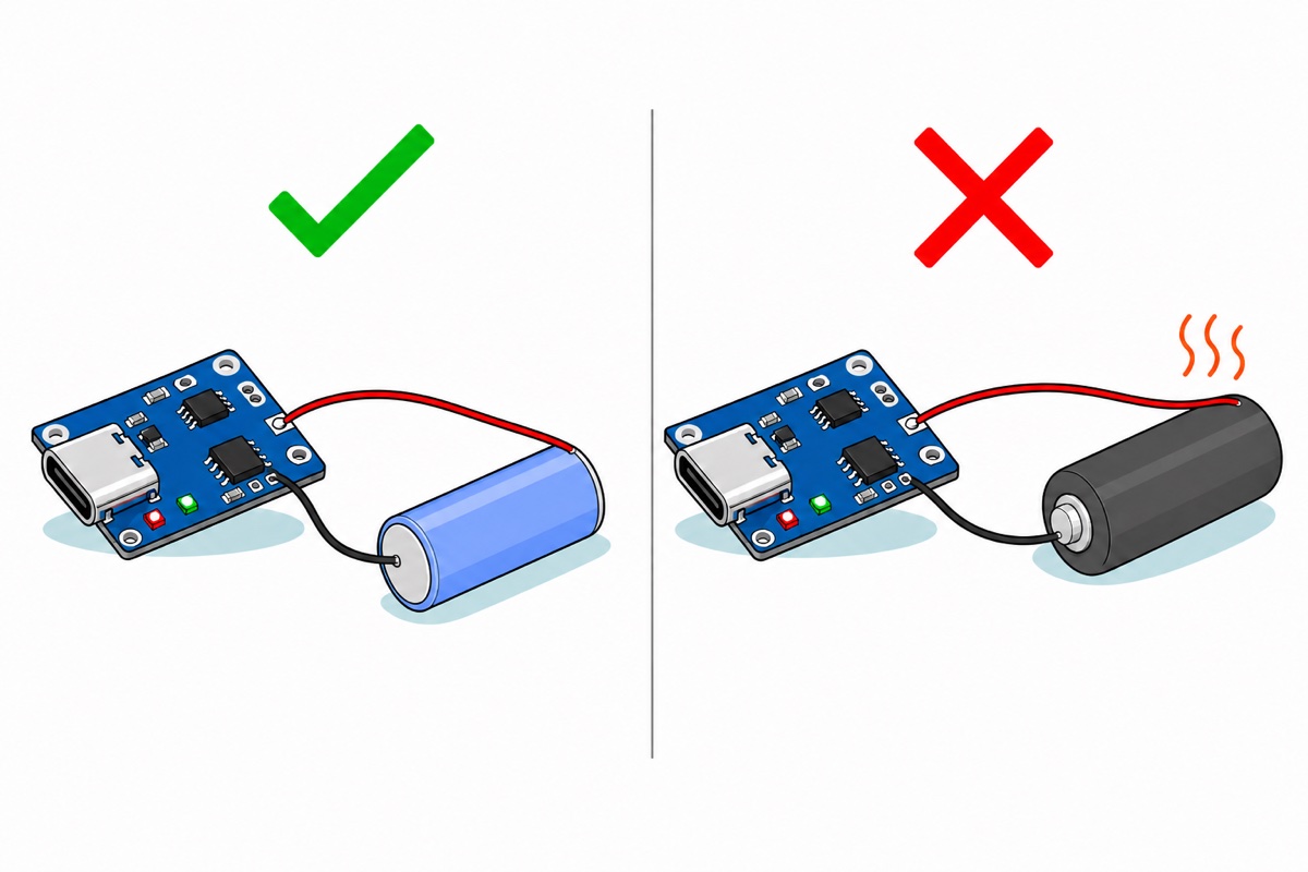 Two-panel cartoon - on the left a blue charging board with a USB-C socket wired by red and black leads to a light blue 18650 cell with a green tick; on the right the same board wired to a stubbier dark grey cylindrical cell with a red cross and heat lines