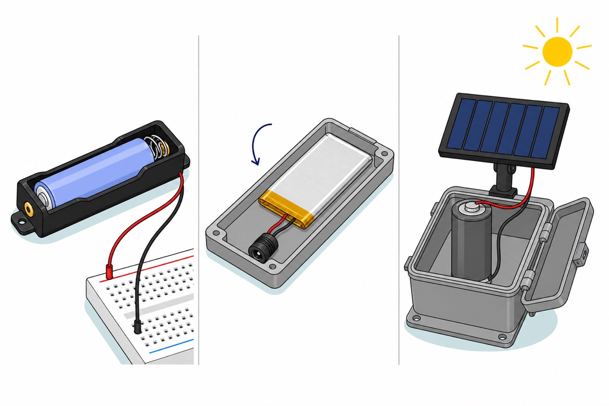 Cartoon of three project scenarios - on the left a light blue 18650 cell in a black holder wired to a white breadboard, in the middle a silver LiPo pouch with a yellow kapton end going into a thin grey project box, on the right a dark grey cylindrical cell in a weatherproof box under a dark blue solar panel with a yellow sun