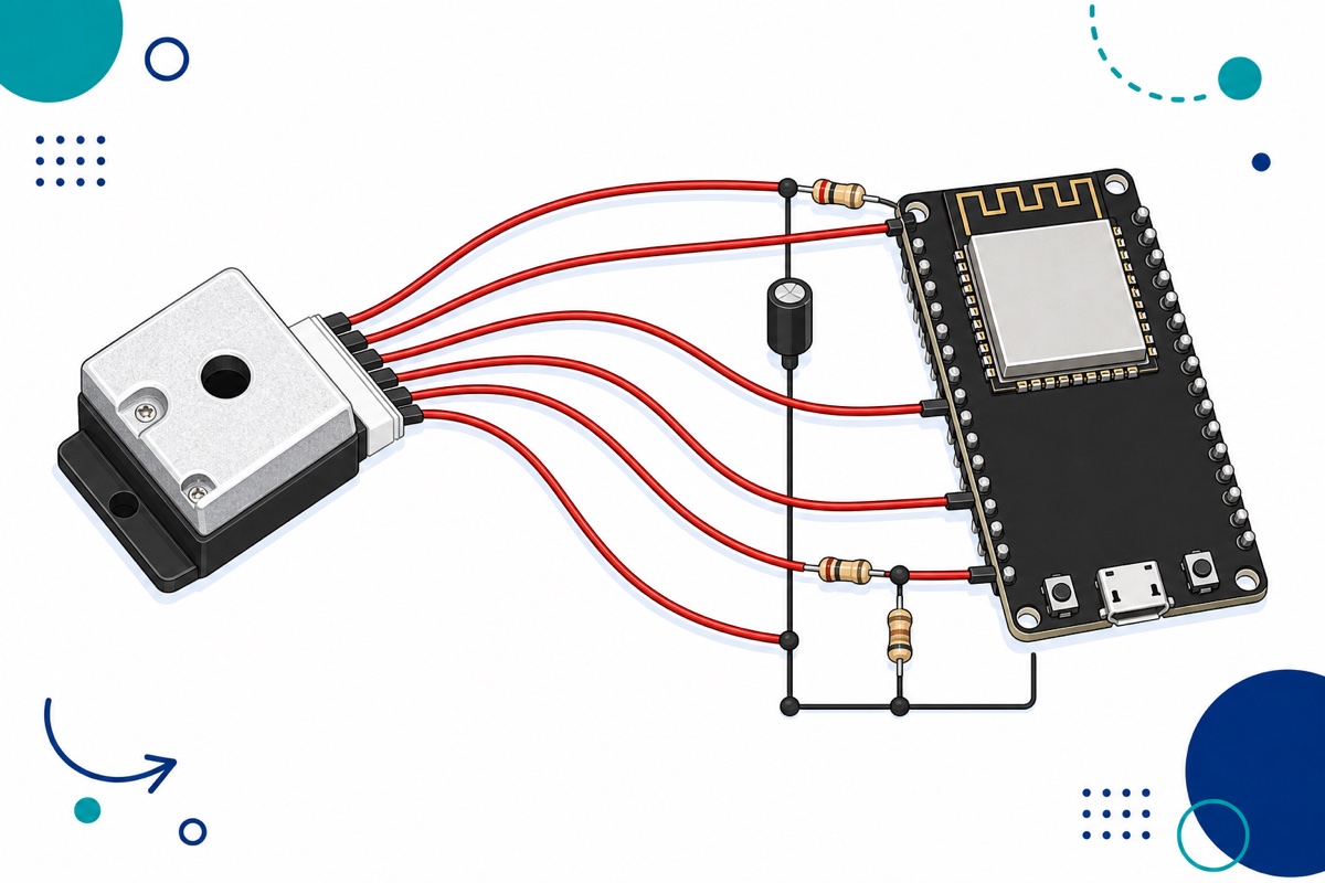 Cartoon wiring diagram of the aluminium dust sensor's six red wires going to a black ESP32 board with a resistor and capacitor
