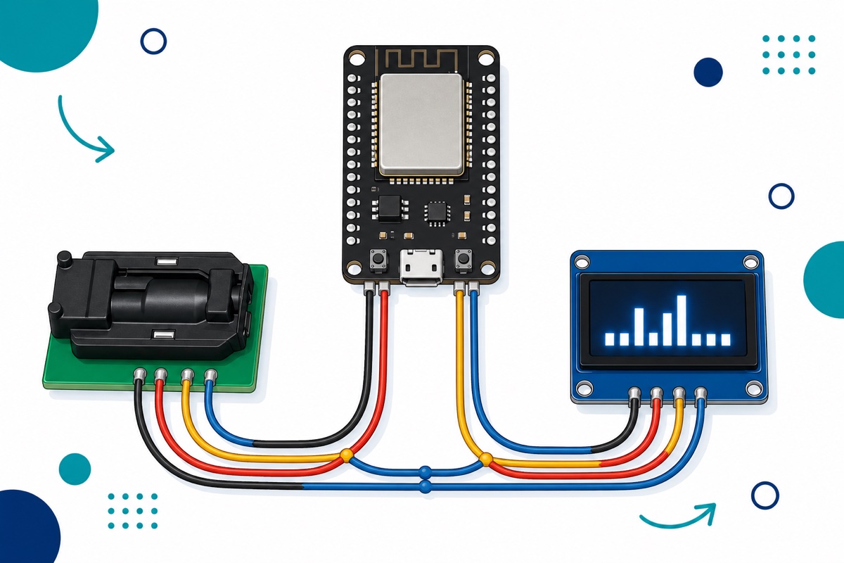 Cartoon diagram of the green SCD30 breakout and blue OLED sharing two I2C lines to an ESP32