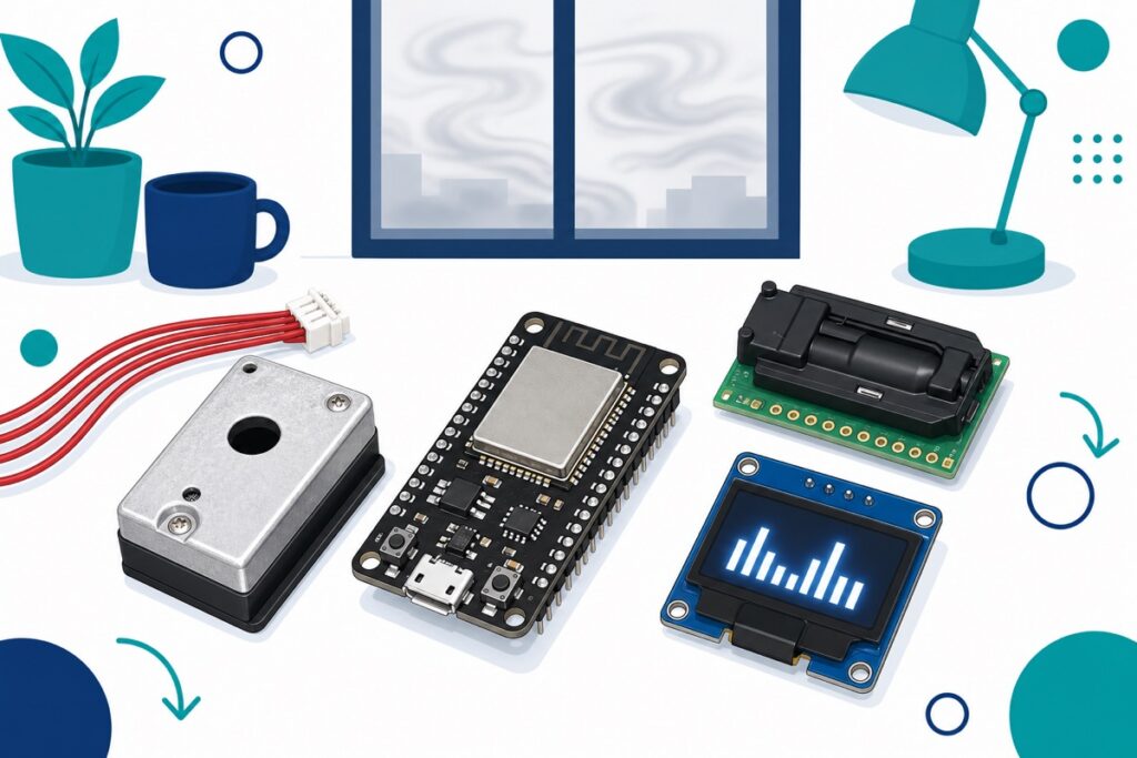 Sensor debu aluminium dengan kabel merah, ESP32 NodeMCU hitam, modul SCD30 hijau dan OLED biru di atas meja dengan tingkap berjerebu