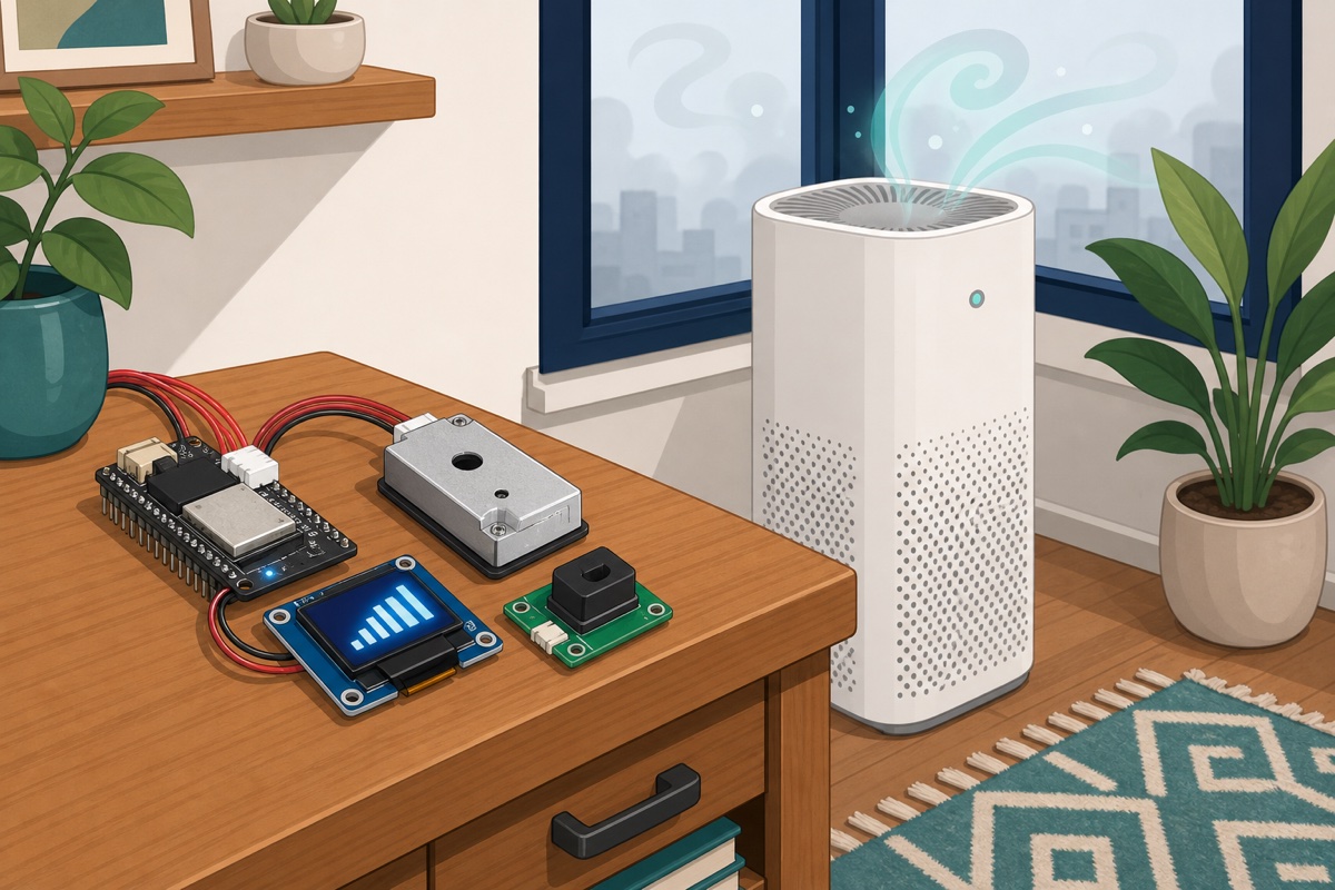 Cartoon illustration of an air quality monitor inside a room with an air purifier and haze outside the window
