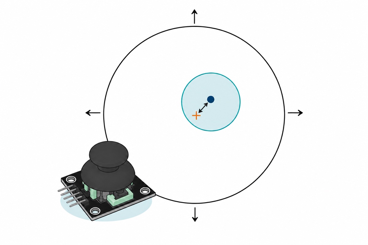 Cartoon top-down diagram of a joystick's circular travel with an orange crosshair at the true geometric centre, an offset pale teal dead-zone disc whose navy centre dot marks the stick's real resting point, and a black mushroom-dome joystick module in the corner