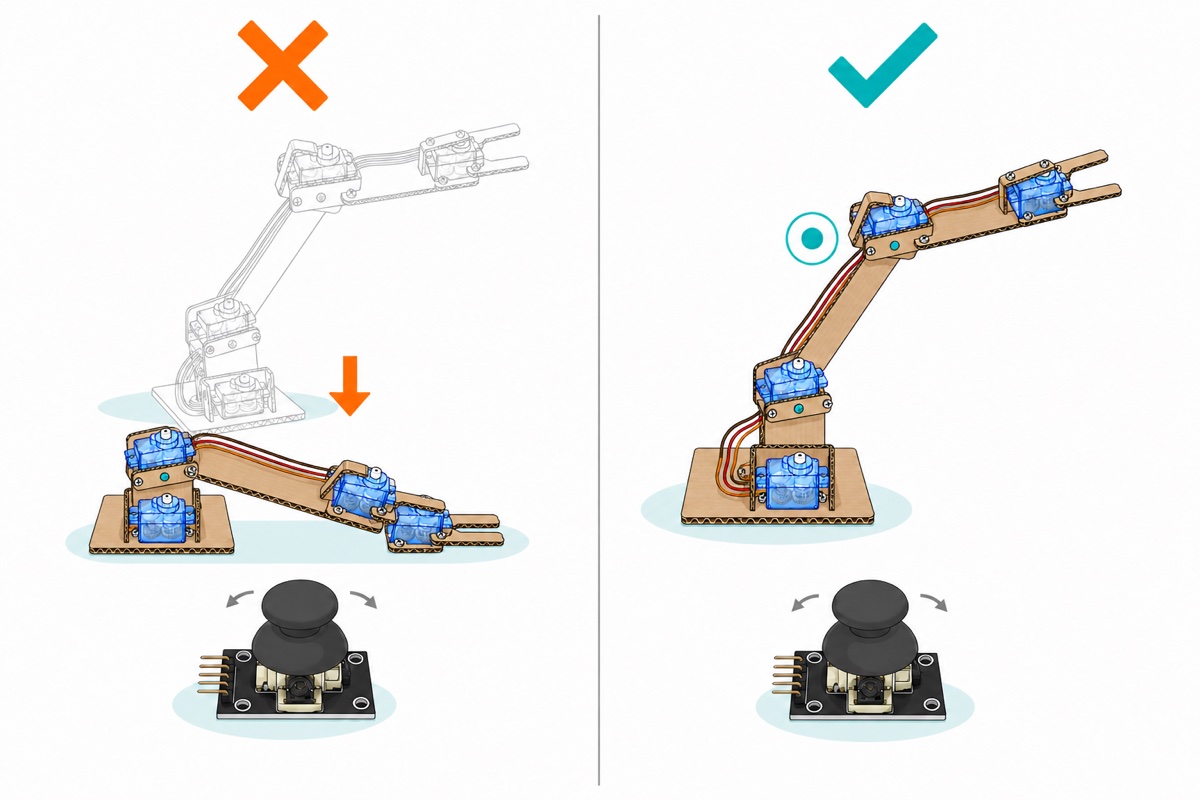 Cartoon comparison of a cardboard robot arm on bright translucent-blue servos collapsing when a centred joystick is mapped directly to angle, versus the same arm holding its raised pose under incremental control