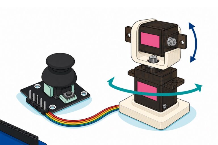 Cartoon of a black analog joystick module with a mushroom-dome cap and mint-green potentiometers, rainbow jumper wires arcing across to a pan-tilt assembly of two dark translucent smoky-brown micro servos with pink labels in cream printed brackets, teal and navy arrows showing horizontal and vertical sweep