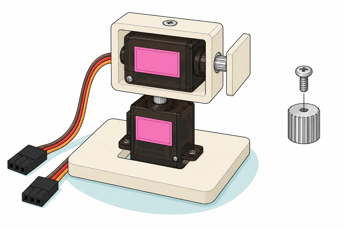 Cartoon of a finished pan-tilt assembly with two dark translucent smoky-brown micro servos with pink labels in cream 3D-printed brackets, orange-red-brown leads trailing to black plugs, and an inset close-up of the silver splined shaft with a small screw dropping into its centre hole
