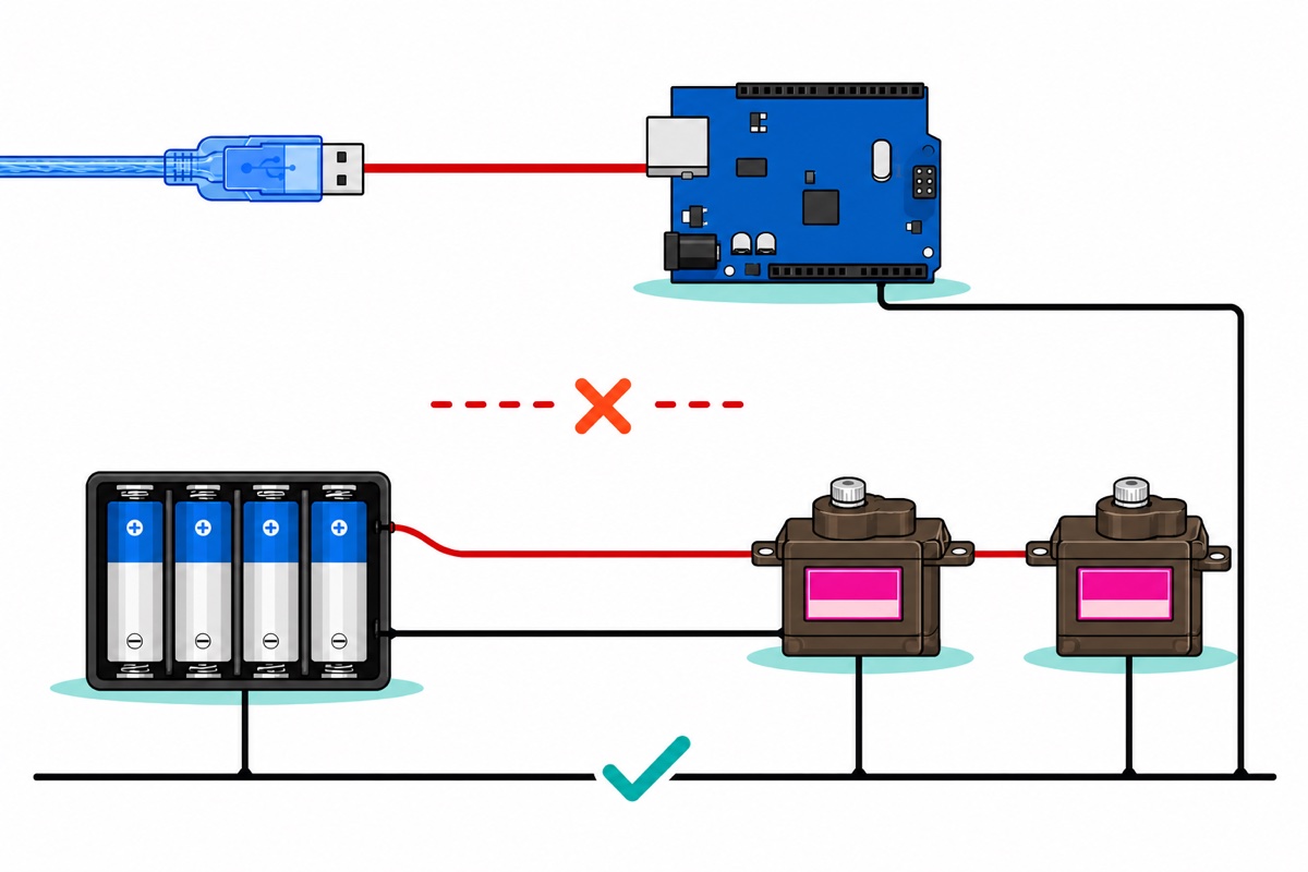 Cartoon power topology diagram: a translucent blue USB cable feeding a small blue Arduino board on one lane, a black four-cell AA holder feeding two dark translucent smoky-brown micro servos on another, the two red supply lines separated by an orange cross, and a single black ground line joining everything with a teal tick