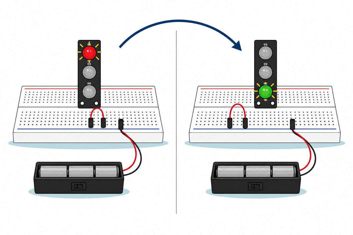 Two-panel cartoon showing a black traffic light module on a white breadboard with red and blue stripes next to a black AA battery box - on the left a red jumper lights the top red lamp, on the right the same jumper has been moved and lights the bottom green lamp