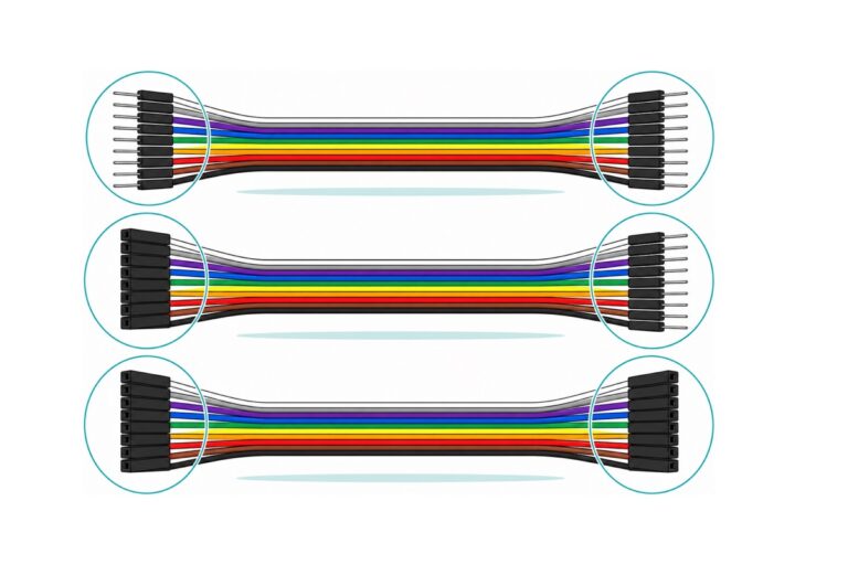 Cartoon of three rainbow ribbon jumper cables stacked horizontally, the top with silver pins at both ends, the middle with black sockets on the left and pins on the right, the bottom with sockets at both ends