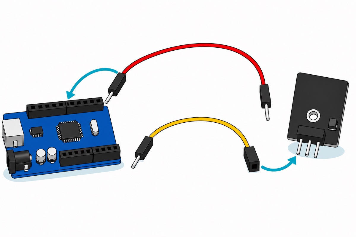 Cartoon showing a blue Arduino Uno board with black female header sockets on the left, a red jumper wire with silver male pins at both ends and a yellow jumper wire with a male pin at one end and a hollow female socket at the other in the centre, and a black sensor module with three downward silver pins on the right, with teal arrows showing which end plugs where