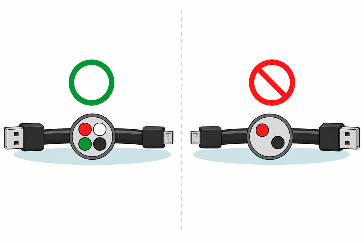 Cartoon cross-section comparison of two black USB cables; the left shows four conductors in red, white, green and black with a green circle marker, the right shows only two conductors in red and black with a crossed-out red circle marker