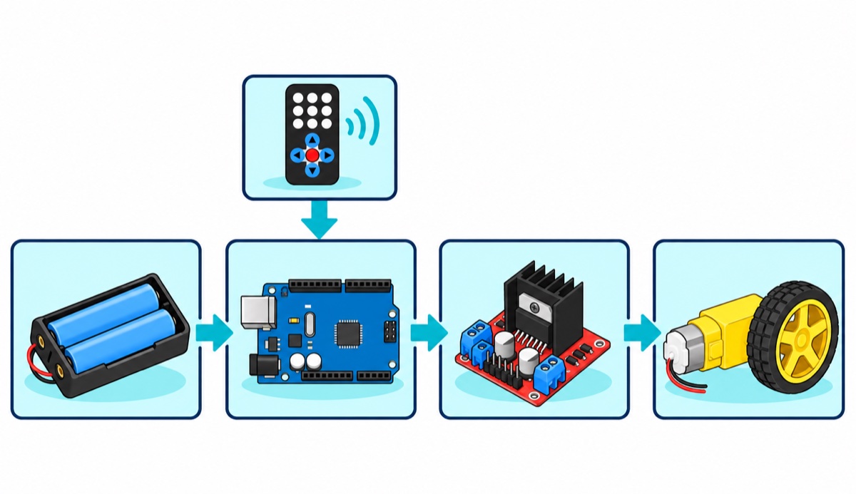 Cartoon block diagram of four boxes joined by arrows; the first box a black battery pack with two blue cells, the second a blue controller board, the third a red motor driver board with a black heatsink, the fourth a yellow gear motor with a wheel, and a fifth box above showing a black remote with an arrow pointing down into the controller box