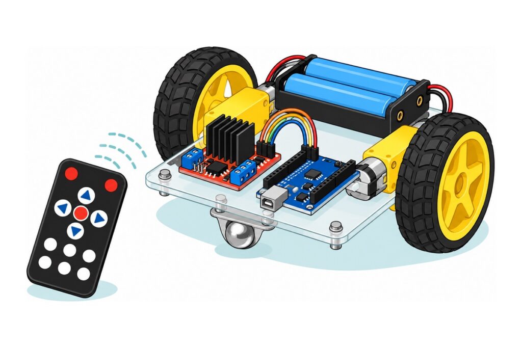 Kartun kereta robot dua roda dengan tapak akrilik jernih, dua roda kuning bertayar hitam, motor gear kuning, roda bebola perak, pek bateri hitam dengan dua sel 18650 biru, papan pemacu motor merah dan papan pengawal biru kecil, dengan remote hitam di hadapan