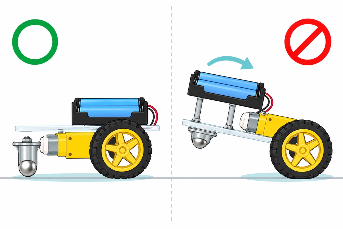 Cartoon side-view comparison of two robot cars; on the left a black battery pack with two blue cells sits low over the yellow wheel and the car is level, marked with a green circle; on the right the battery pack is raised high on pillars and the car tips nose-up until the silver ball caster lifts clear, marked with a crossed-out red circle